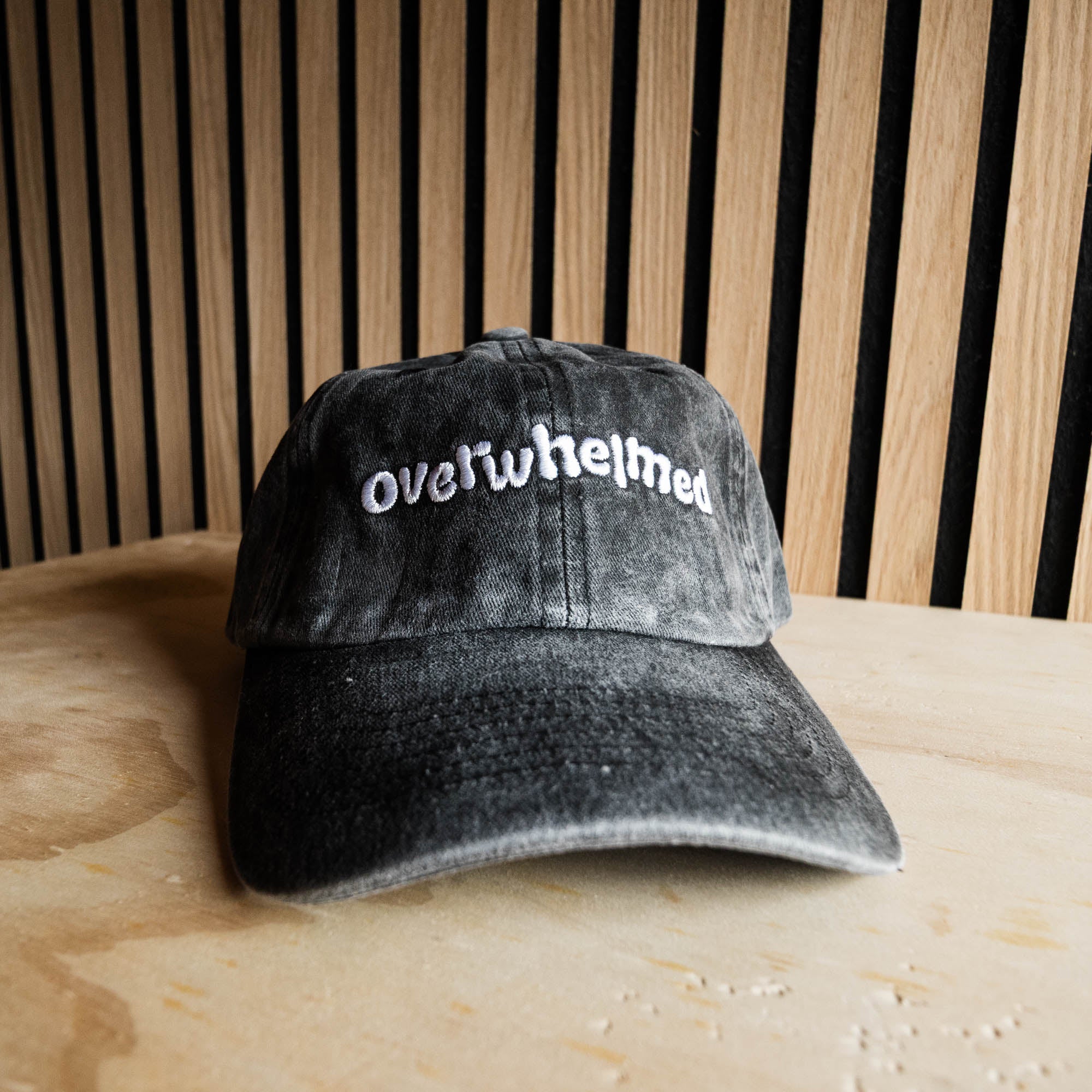 Overwhelmed Embroidered Dad Hat Vintage-Style Unisex Cap in Washed Black or Pink