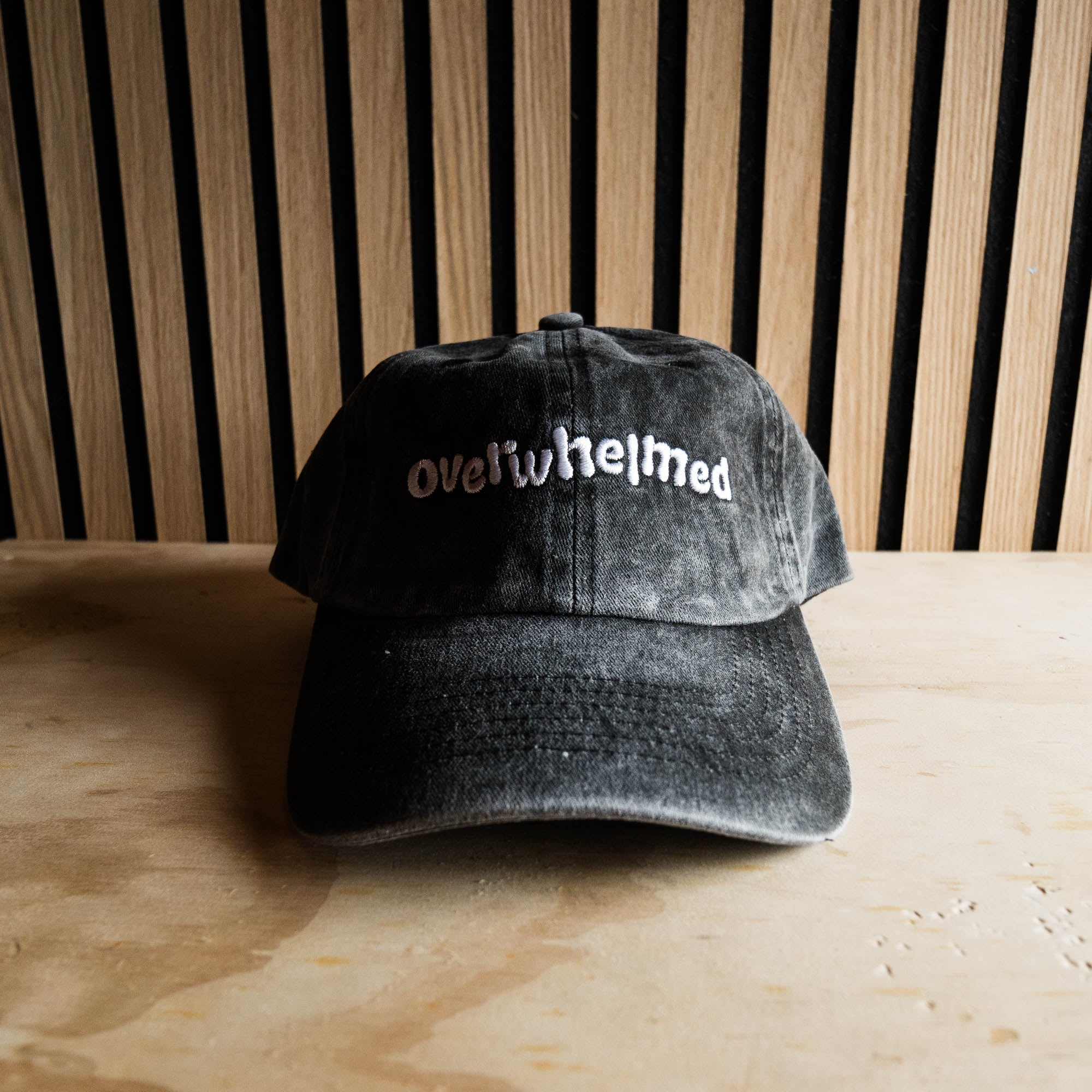 Overwhelmed Embroidered Dad Hat Vintage-Style Unisex Cap in Washed Black or Pink