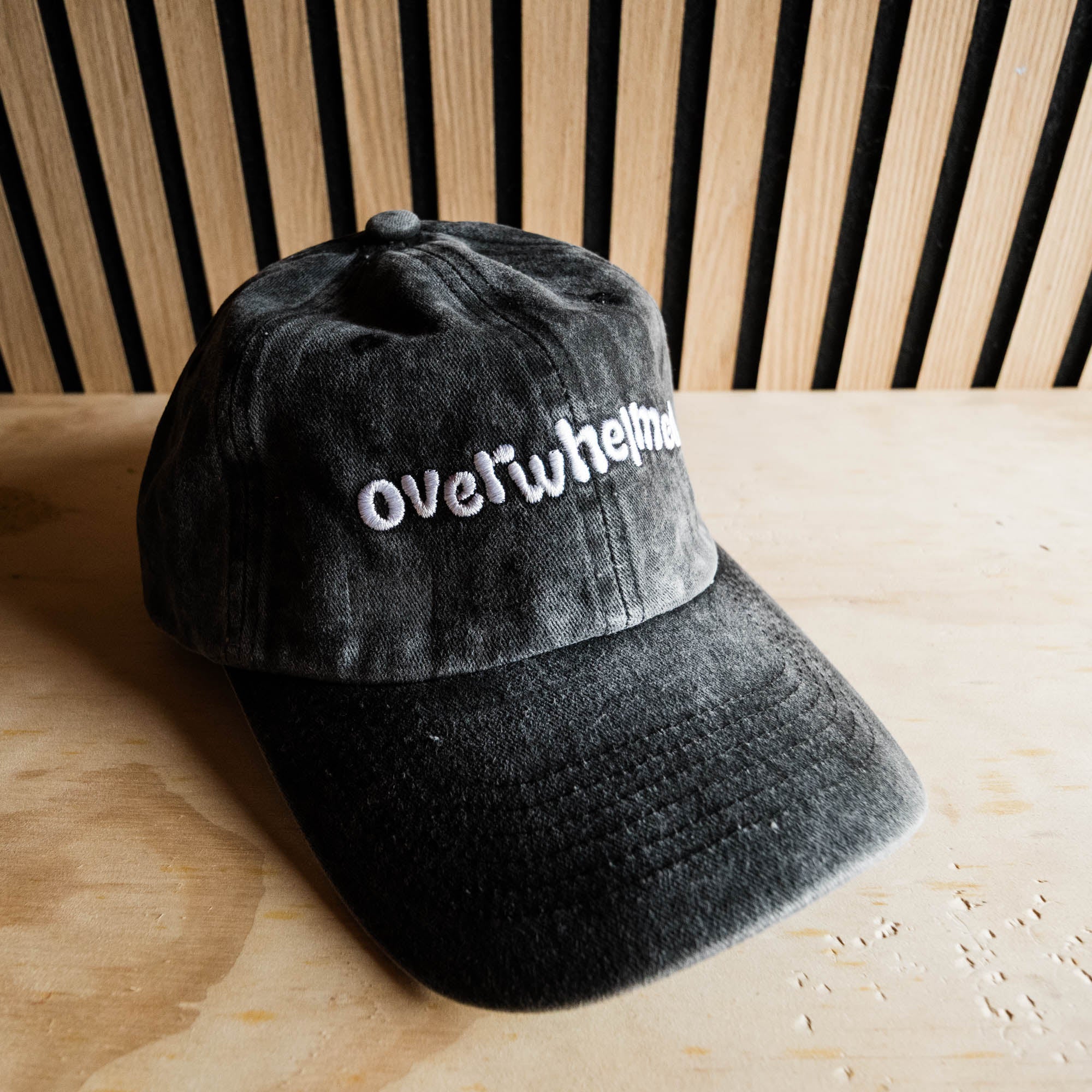 Overwhelmed Embroidered Dad Hat Vintage-Style Unisex Cap in Washed Black or Pink
