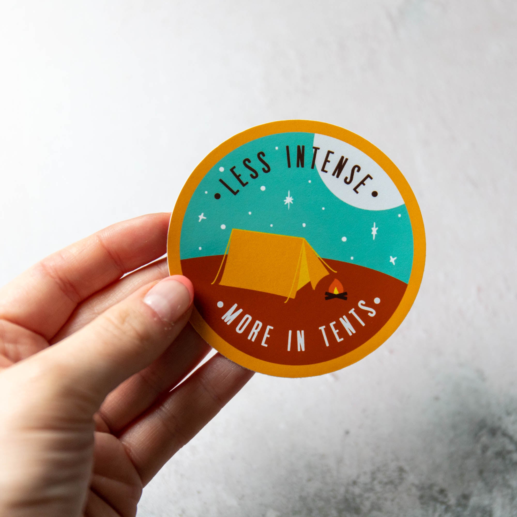 Less Intense, More In Tents Large Vinyl Sticker - Finest Imaginary