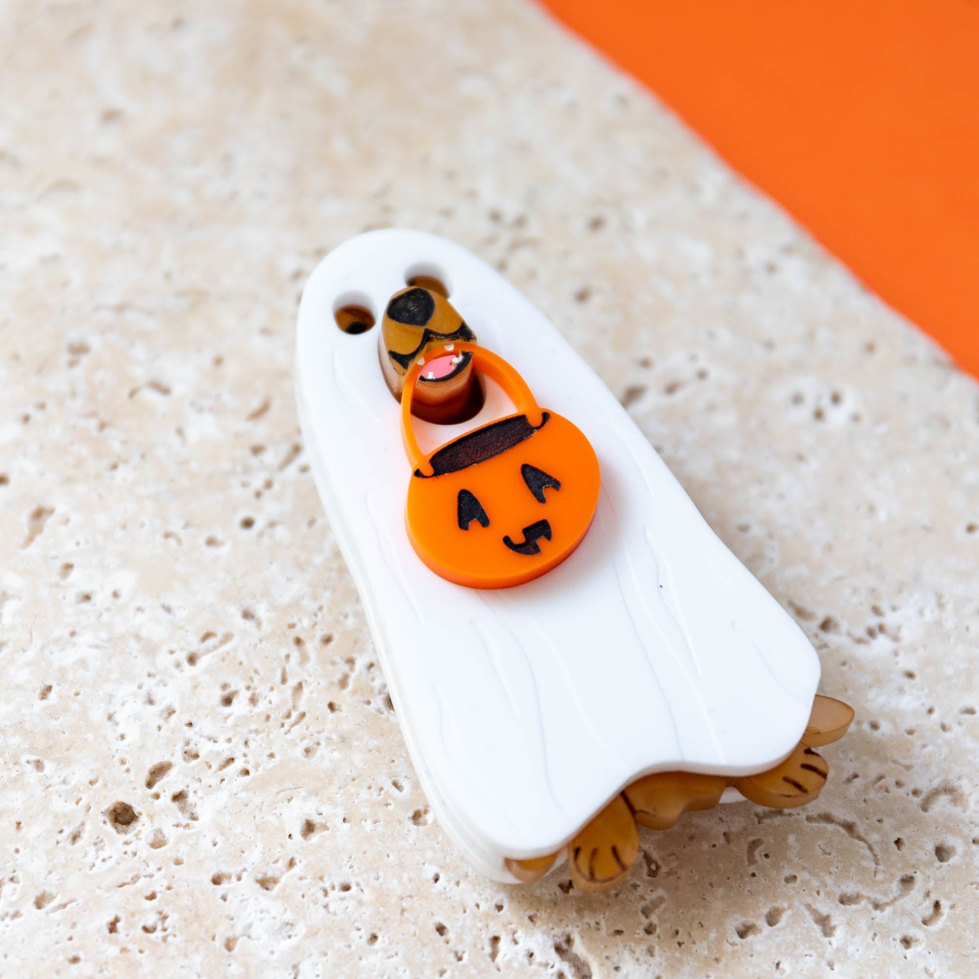 goldeb retriever in a ghost costume brooch