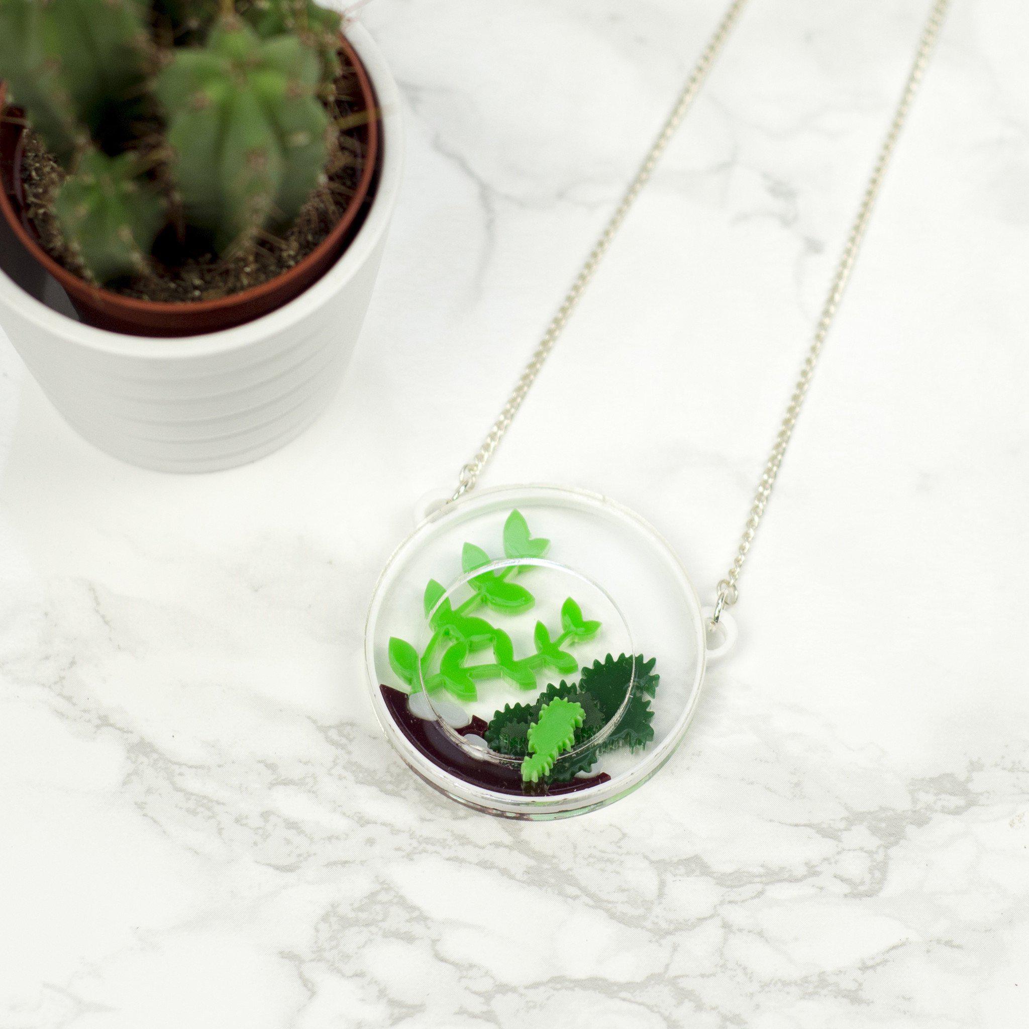 Round Terrarium Necklace with miniature plants and cacti